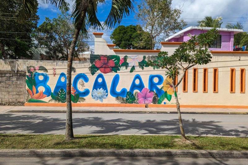 empty road with a line of palm trees in the middle and the wall across the road is painted a light orange with a colourful mural of the word Bacalar painted over it in bright blue letters