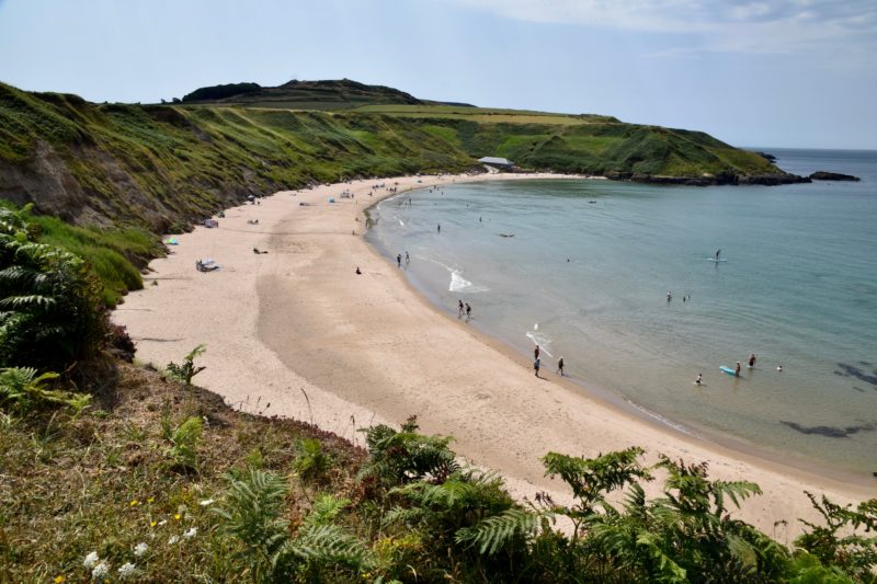 Traeth Porthor or Whistling Sands Beach viewed from the cliff - there is a curved bay below with white sandy beach sheltered by a small grassy headland stretching into the sea on a slightly cloudy day 