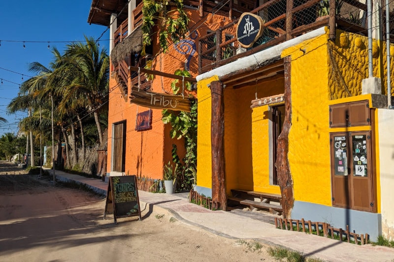 exterior of a hostel building with one bright yellow wall and one bright orange wall, both with wooden trim around the door and window frams and a lot of plants growing up the side of the building, next to a sandy road with palm trees behind and blue sky overhead. the sign reads Tribu Hostel Holbox.