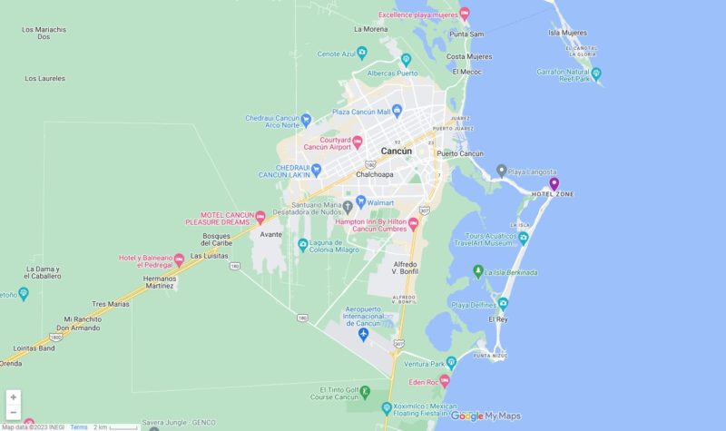 screenshot of google maps showing cancun and hotel zone with Grand Fiesta Americana Coral Beach Cancun marked in purple 