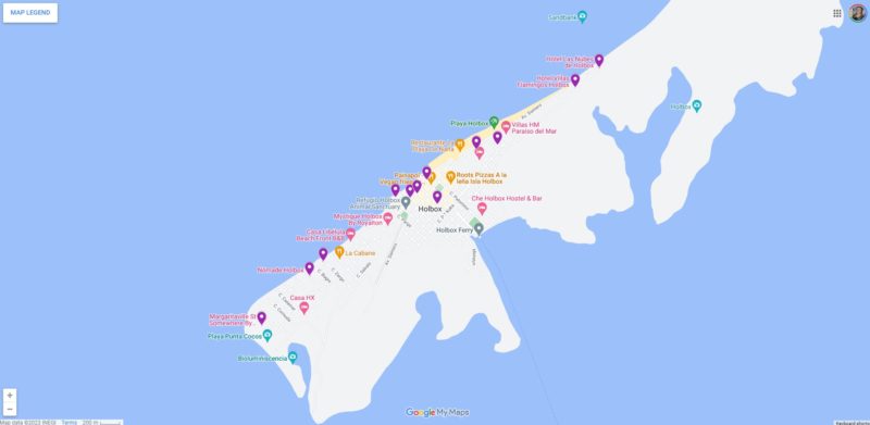 screenshot of google maps showing isla holbox with hotels labelled with purple markers