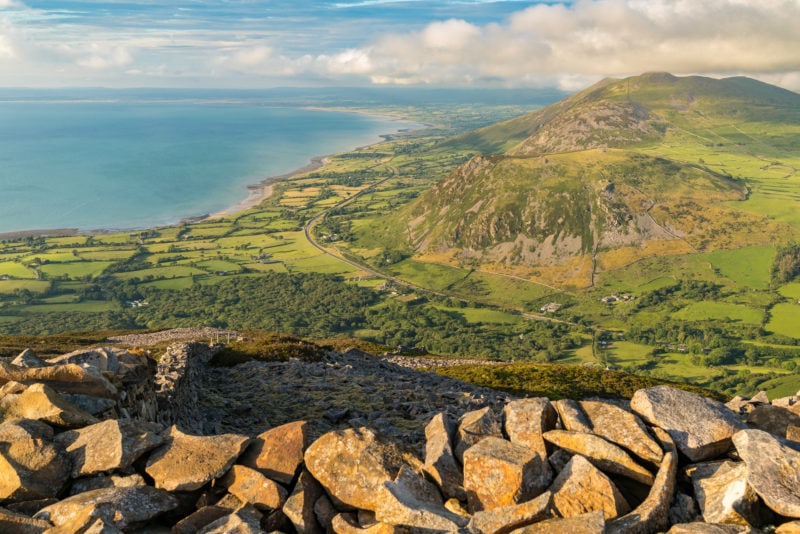 Welsh landscape on the Llyn Peninsula - view from Tre'r Ceiri towards Trefor, Gwynedd, Wales, UK