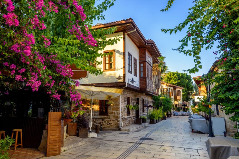 Ottoman houses on the main pedestrian street in Antalya Old Town Kaleici district, Turkey