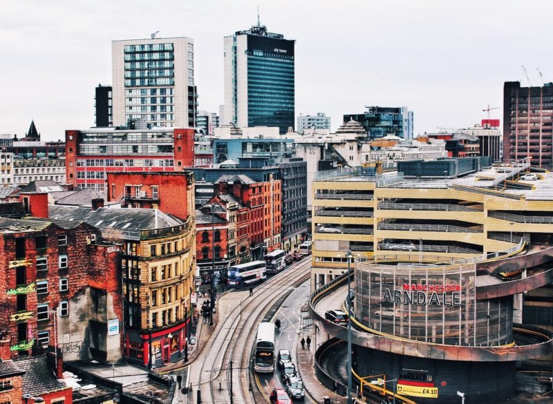 Aerial view of colourful buildings in Manchester