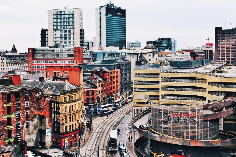 Aerial view of colourful buildings in Manchester