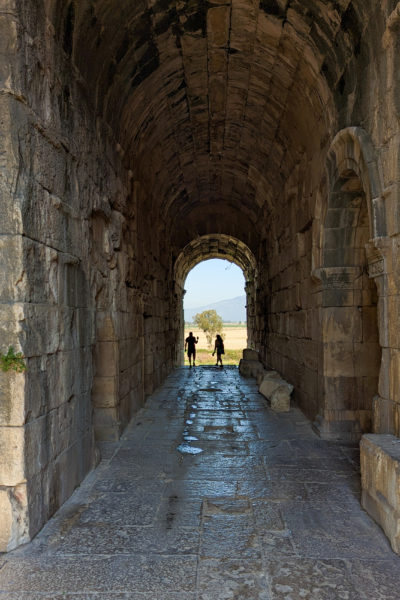 looking down a large stone tunnel with a high arched ceiling. there is a grassy field with a tree and a distant hill visible through the small archway at the far end of the tunnel with two human figures silhouetted against it.