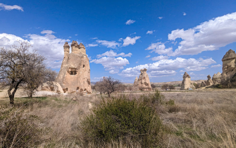 dry flat valley in cappadocia with scrub grass and a few bushes and trees and three yellow sandy coloured rock stacks with conical shapes on top on a very sunny day with blue sky and fluffy clouds above