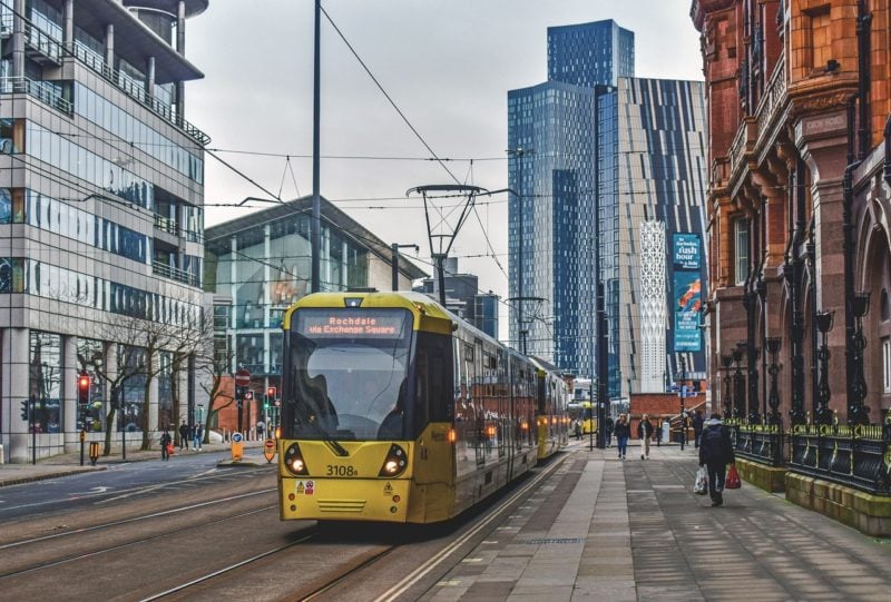 Yellow tram in Manchester city centre