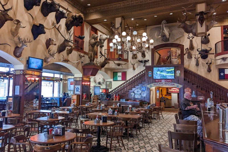 large old fashioned saloon bar with hundreds of antlers and animal horns on every wall. the floor is blue and white tiles with lots of small wooden circular tables and chairs in two lines next to a long cherry wood bar