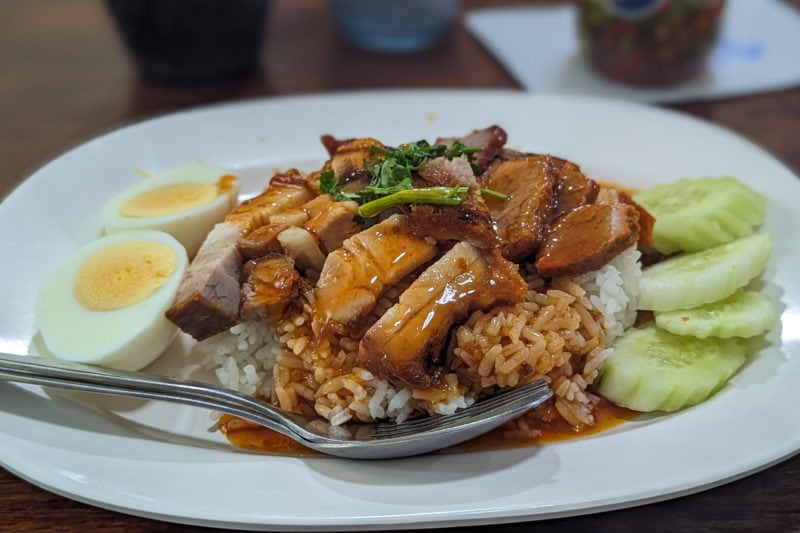 close up of a plate of Khao moo dang - roast pork in a brown sauce with rice, with two halves of a boiled egg and some cucumber slices on the side of the plate