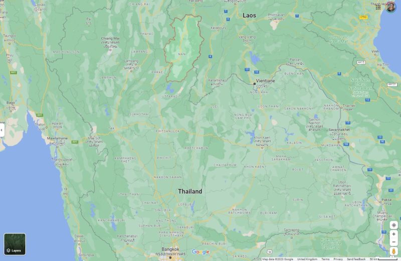 Screenshot of Google Maps showing Thailand with the province of Nan outlined in red