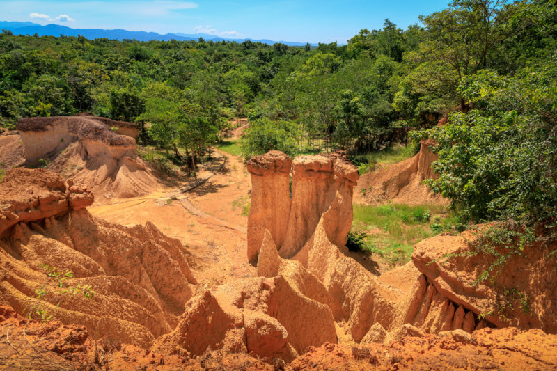 small orange sandy canyon with tall columns of sandstone in it and green forest behind at Phae Mueang Phi Forest Park in Phrae Thailand