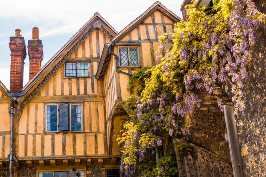 Tudor timber framed building with yellow painted facade and two skinny red brick chimneys next to The Priory Gate in Winchester with a large purple flowering wisteria bush along one side