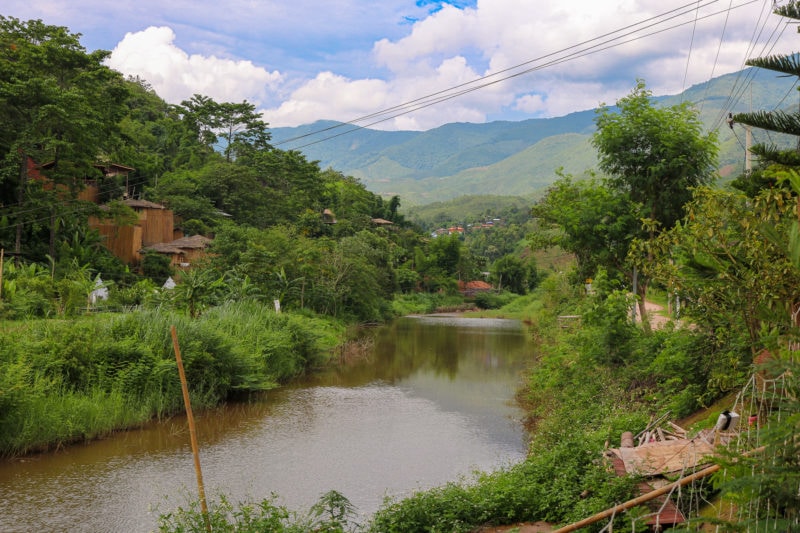 wide slow moving river with calm water in between two banks covered with lush greenery and tropical trees with green mountains in the distance on a sunny day