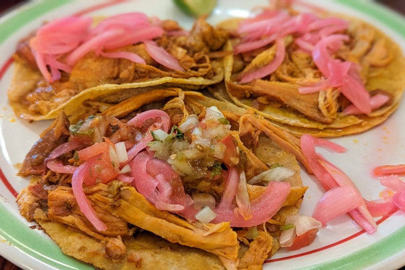 close up of three crispy fried tortillas on a white plate with a green rim, each tortilla is topped with shredded chicken pieces and chopped onion as well as pieces of pink pickled onion.