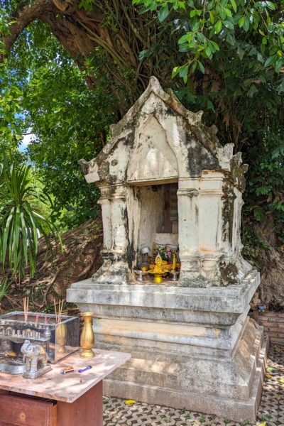 tiny stone shrine or temple with a carved triangular roof and a tiny gold statue of a buddha in the opening. the temple is in front of a large leafy tree 