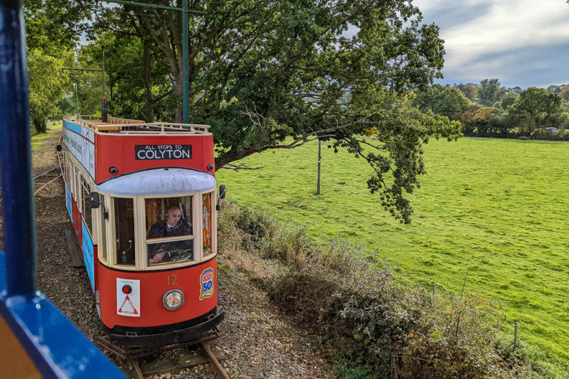 small vintage red electric tram with yellow trim aroudn the windows on a track beside a large grassy field with a big leafy tree next to the track