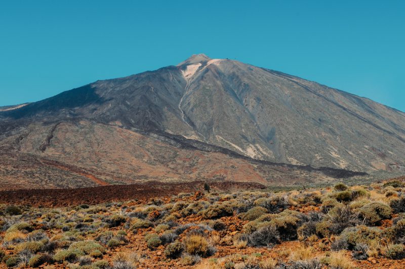 desert and scrubland in front of a brown and gray mountain with blue sky above