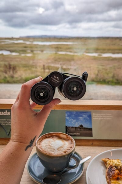 hand holding binoculars above a mug of coffee in front of a window with a view of marshland. Things to do in 1066 Country East Sussex England. 