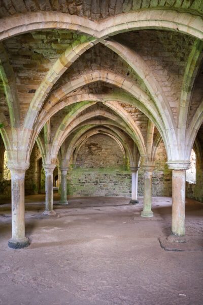 interior of norman abbey cloisters at Battle Abbey with stone pillars and arches