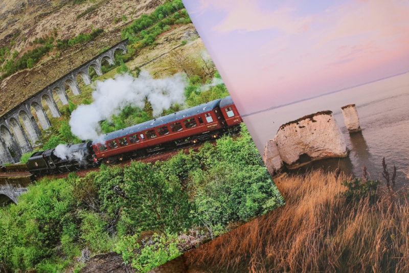 flatlay of two canvas prints, one has a steam train in a green valley and the other has some chalk rock stacks at sunset with a pink sky. MYPICTURE canvas prints review.