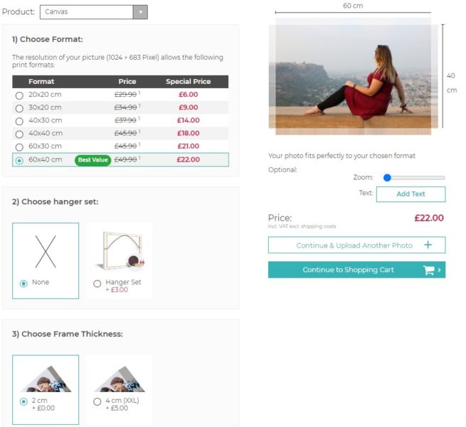screenshot of a canvas print order form on the MYPICTURE website