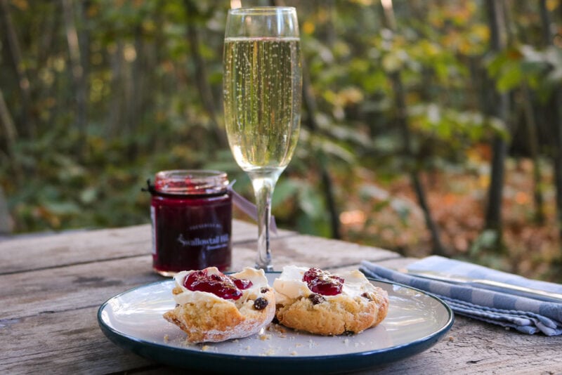 close up of a wjhite plate with a scone cut in half and topped with cream and jam, on a wooden table outdoors in front of a pot of jam and a glass of prosecco with dense woodland behind