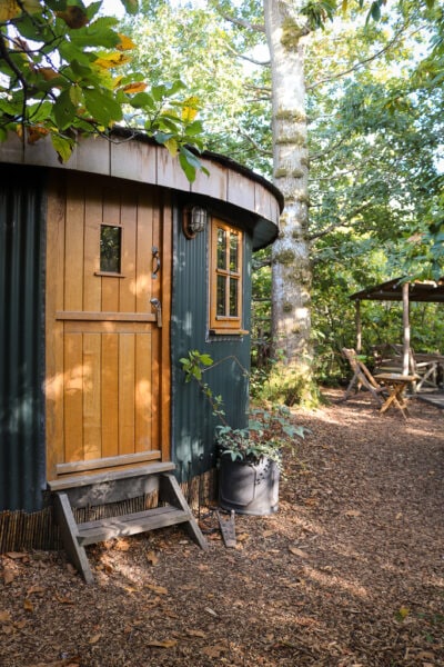 circular wooden cabin with green pannelled exterior and a light brown wooden door in a woodland with a large oak tree behind. Roundhouse cabin at Swallowtail Hill glamping in Rye, East Sussex - a review