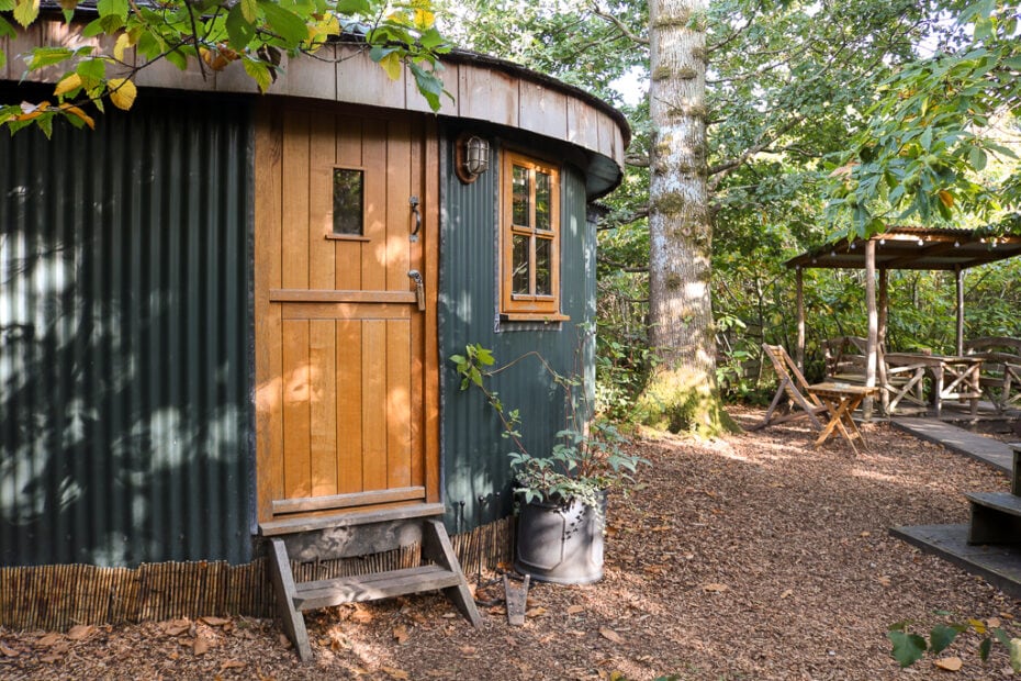 circular wooden cabin with green pannelled exterior and a light brown wooden door in a woodland with a large oak tree behind