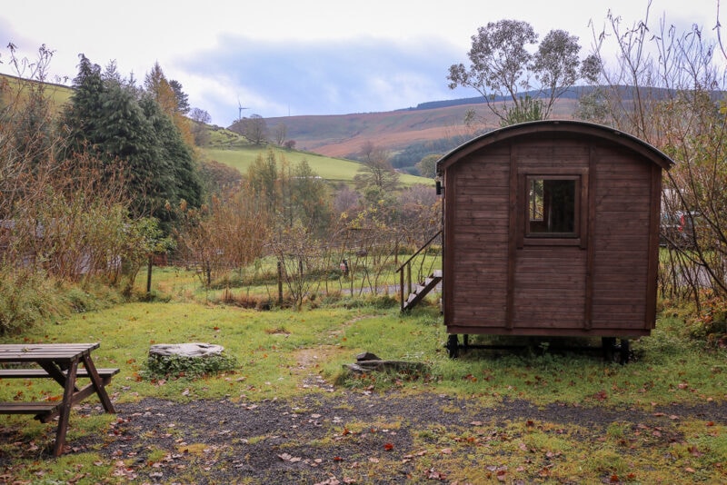 wooden shepherds hut glamping accommodation on a patch of grass with a picnic bench with green hills and forest behind