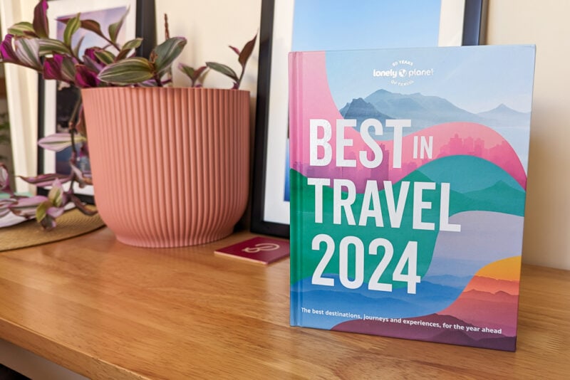 hardcover book with a multicoloured swirl pattern and the title Best in Travel 2024, on a wooden tabletop next to a plant in a pink pot. gift ideas for travel lovers