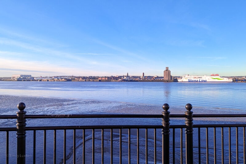 bladck metal railings in front of a wide blue river with a low city skyline on the far side and clear blue sky above