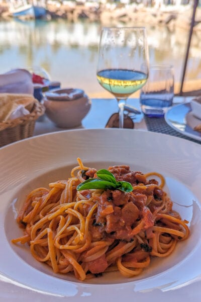 white chinta bowl filled with spaghetti in a red sauce topped with basil on a table next to a glas sof white wine with a view of the lake behind