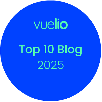 Blue circle with the text: Vuelio Top 10 Blog 2025