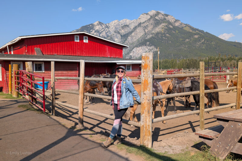 Emily leaning against the fence of a paddock with several horses in and a red farmhouse behind