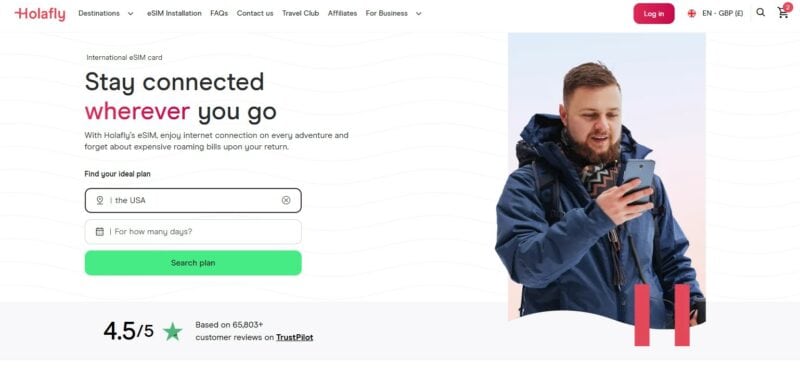 Screenshot of the Holafly eSIM website homepage