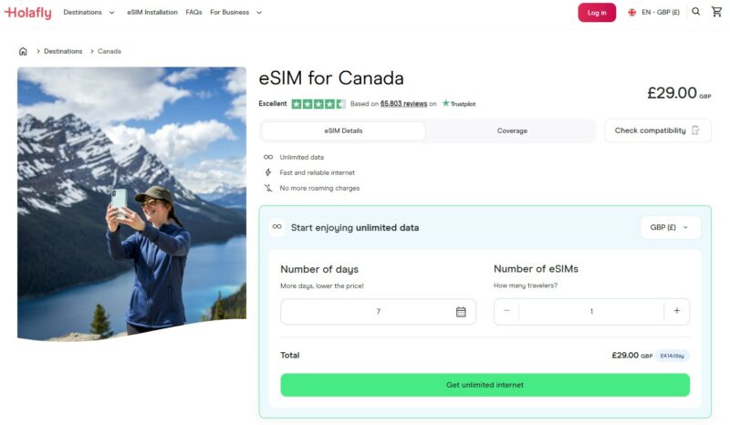 Screenshot of the Holafly eSIM website landing page for Canada