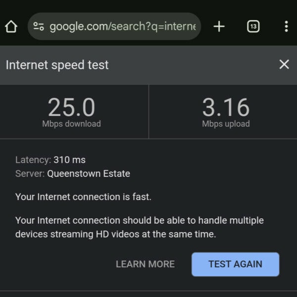 Screenshot showing a Google speed test result with 25 Mbps download and 3.16 Mbps upload