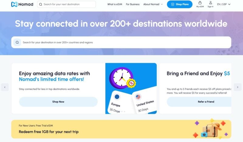 Screenshot of the Nomad eSIM website homepage