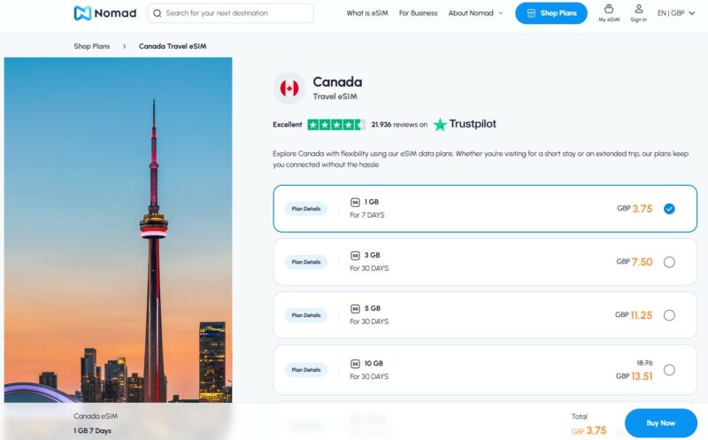 Screenshot of the Nomad eSIM website landing page for Canada
