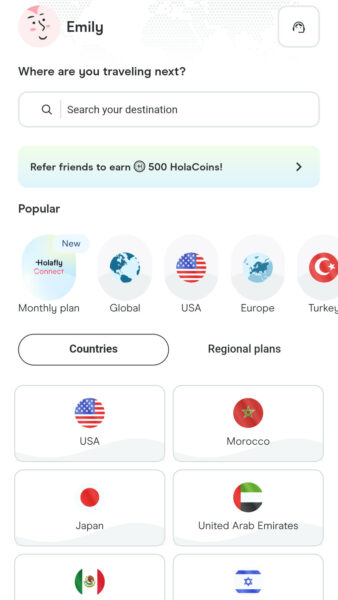 Screenshot of the Holafly eSIM app