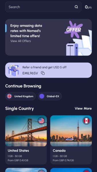 Screenshot of tjhe Nomad eSIM app