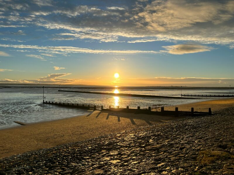sunset over the beach at southend on sea