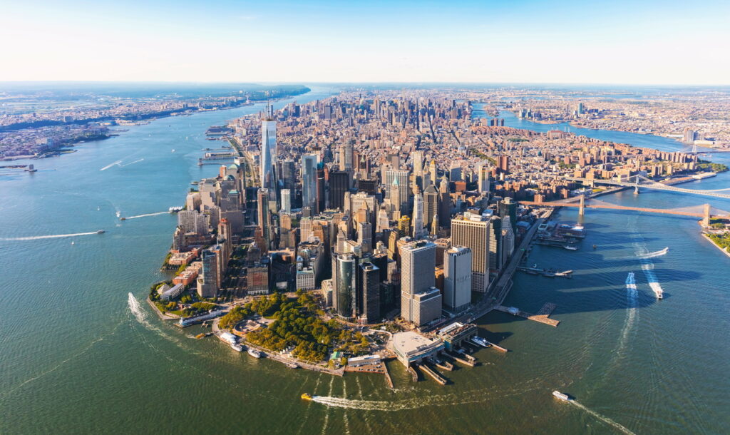 Aerial view of lower Manhattan New York City on a sunny day