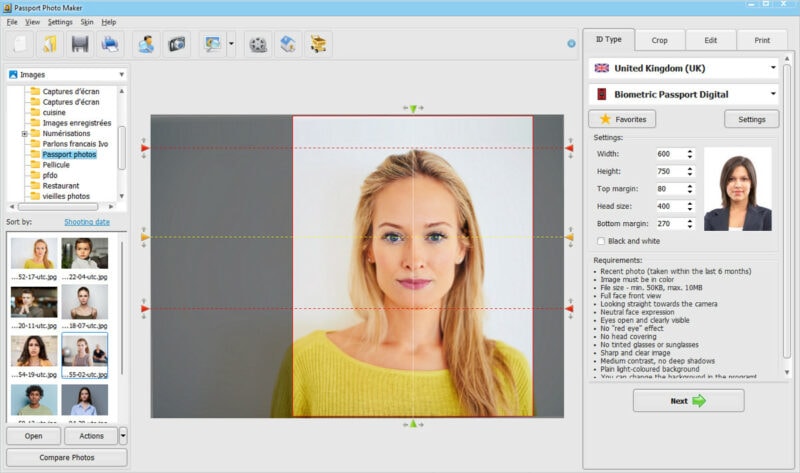 screenshot of a website with passport photo editing software