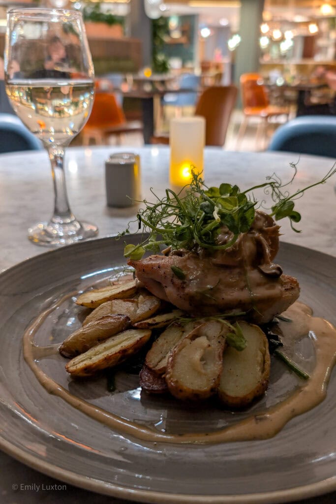 plate with sliced potatoes and chicken breast in a creamy sauce