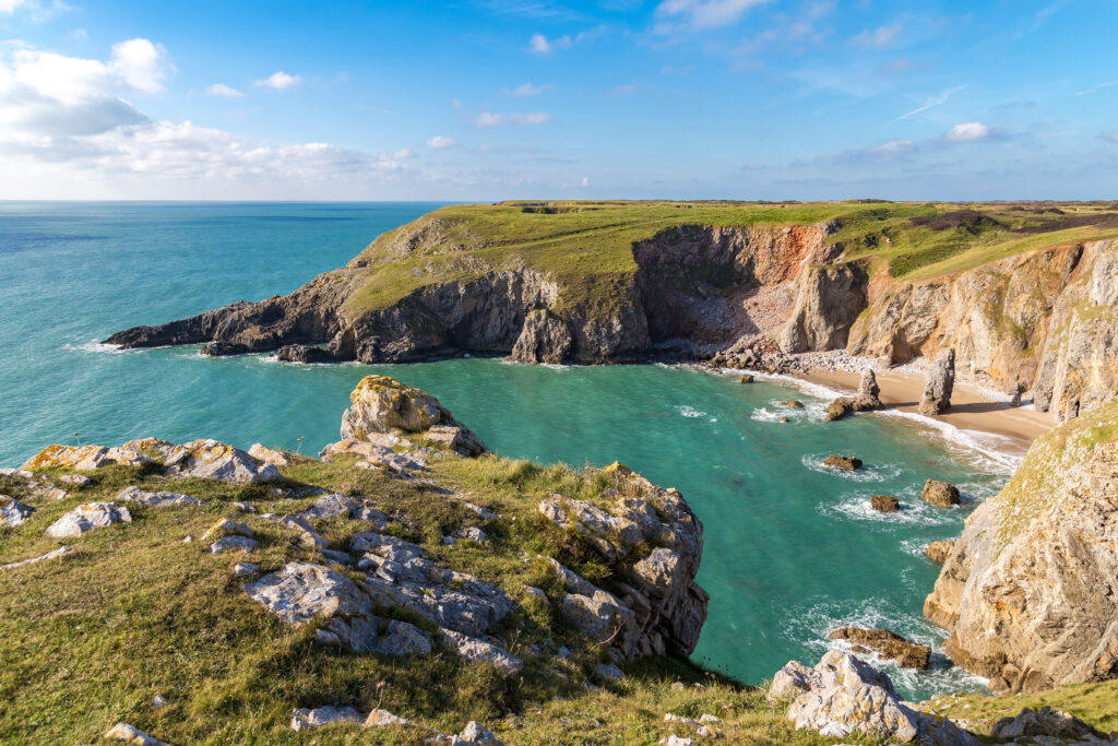 Grassy cliff edge with a view of a rocky cove with turquoise water