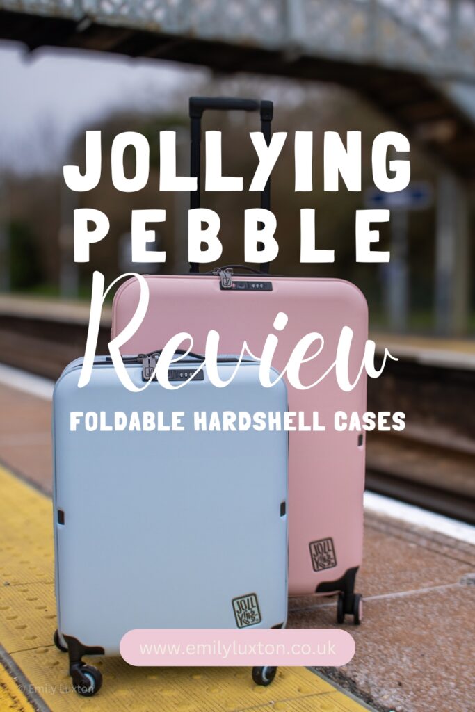 JOLLYING PEBBLE Review Foldable hardshell cases: written in white text above a photo of two suitcases on a station platform