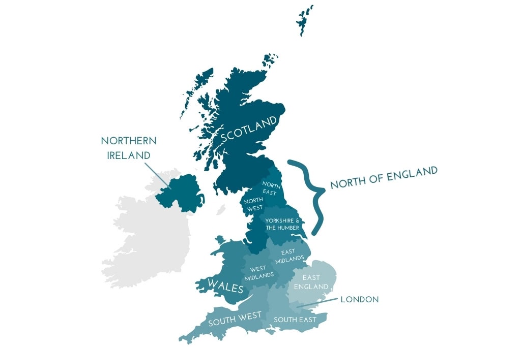 Teal map of the UK divided into provinces