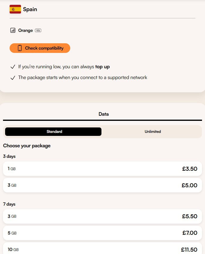 screenshot showing data packages on the Airalo eSIM spain page